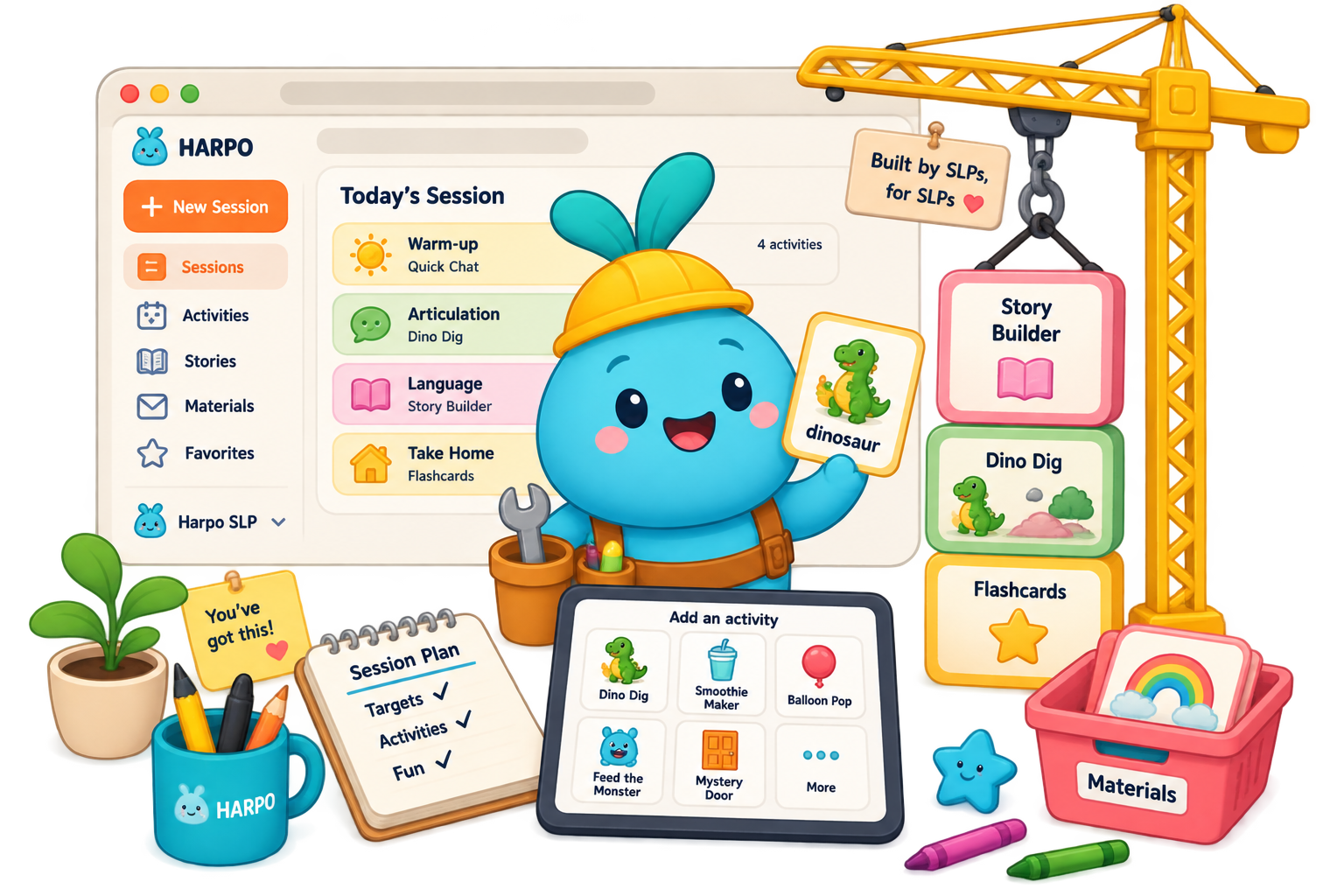 Harpo's session builder — add activities to today's session and launch straight into games like Dino Dig or Story Builder